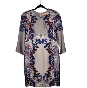 NWT  Nordstrom Vilagallo Silk Gray Blue Pink Floral 3/4 Sleeves Sheath Size 36